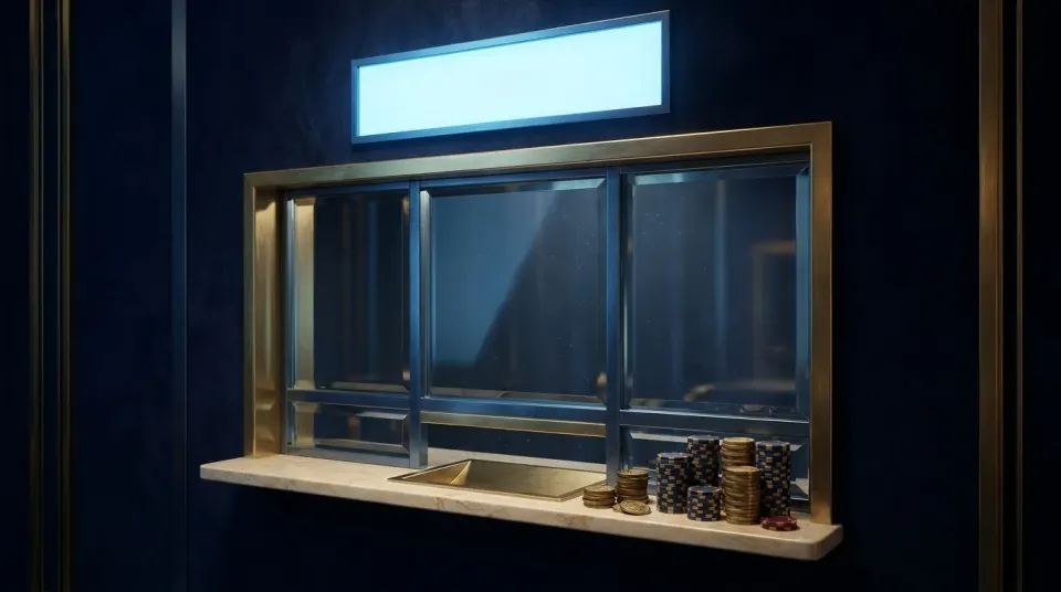 A brass cashier window with a glass screen and a stack of chips
