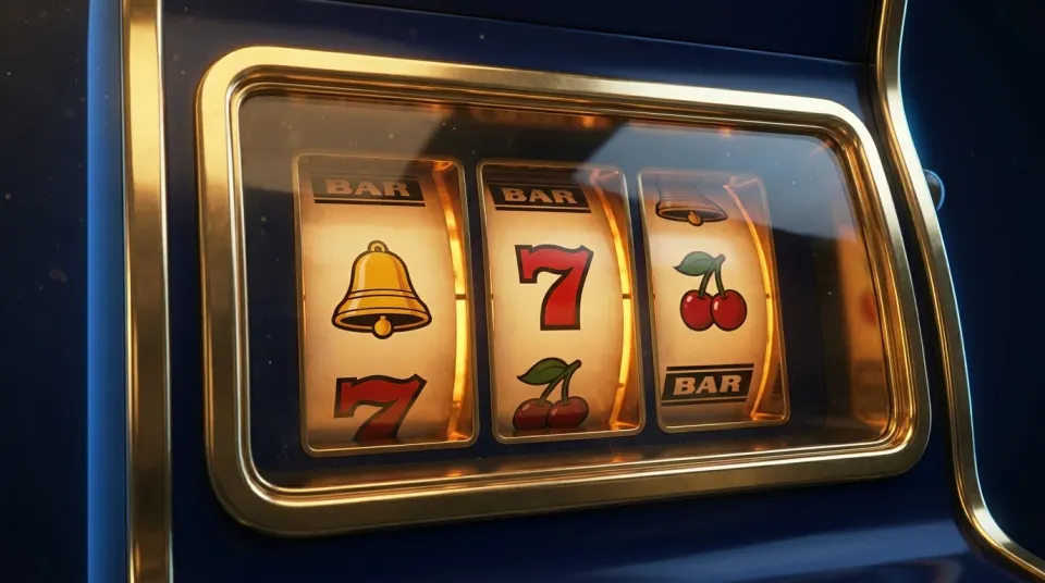 Three reels behind curved glass in a brass payout window, classic bell and seven symbols