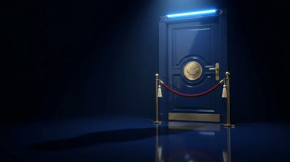 A closed door with a maple-leaf medallion behind a velvet rope