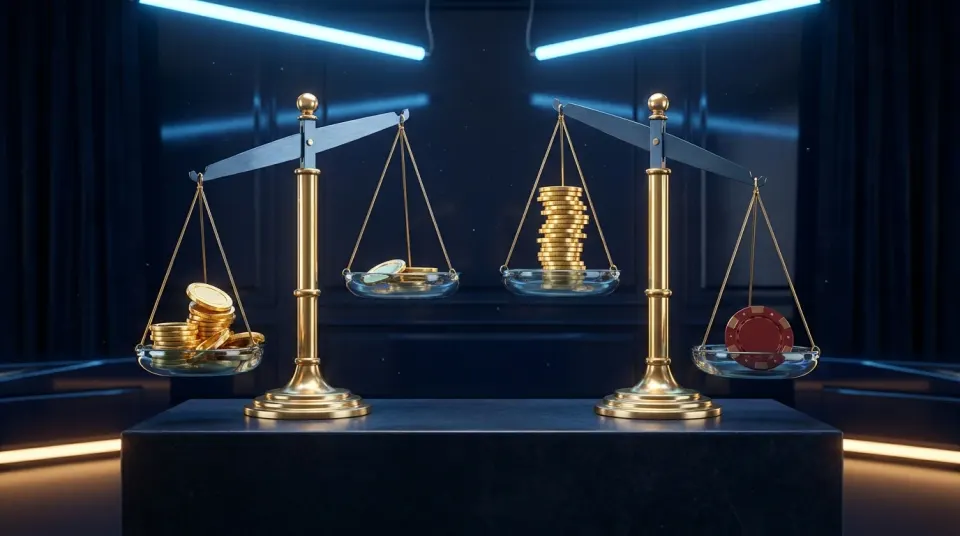 Two brass scales weighed against each other under a spotlight